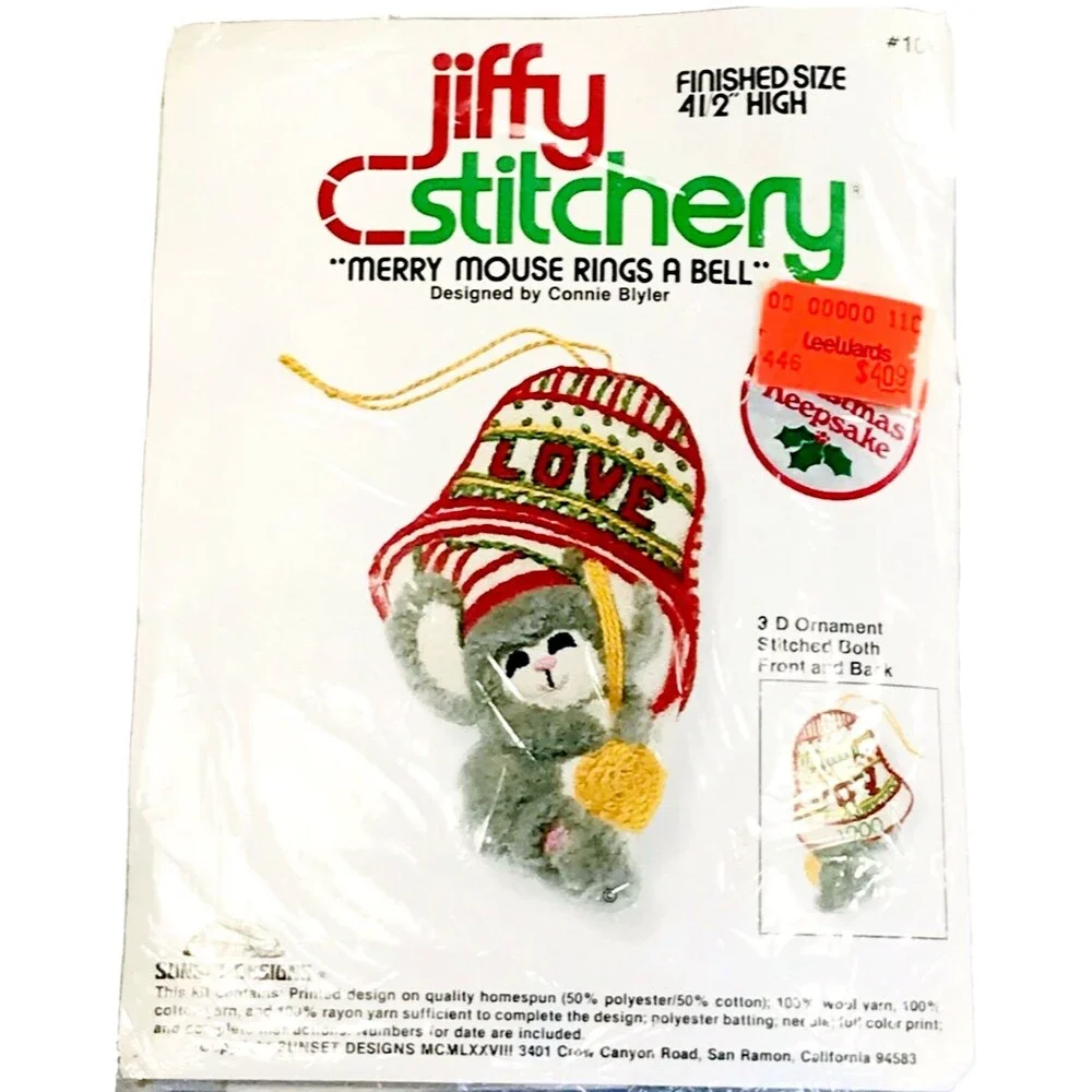 Jiffy Stitchery Vtg NEW Embroidery Kit Merry Mouse Rings Bell Christmas Ornament